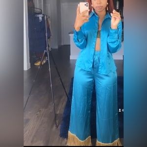 Satin Blue Set with gold fringe